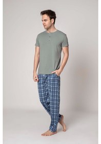 Resim Guava Erkek Ekose Desen 3 Düğmeli Bisiklet Yaka Modal Yazlık Kısa Kol Cepli Pijama Takımı Mavi 