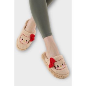 Resim Liger Hellokitty Figürlü Sıcak Tutan Kışlık Kadın Ev Terliği Bej - Kırmızı 