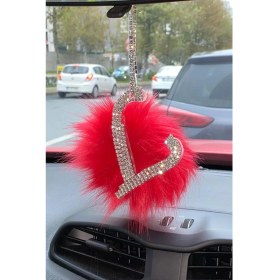 Resim Swarovski Gümüş Taşlı Dikiz Ayna Kolye Süsü Kırmızı Tüylü L Harfi 