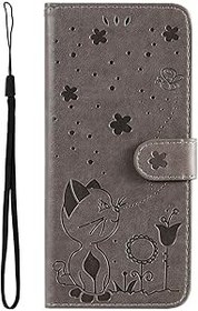 Resim SATURCASE Samsung Galaxy Note 9 için Kılıf, Kedi Arısı Kabartma PU Deri Kapaklı Mıknatıs Cüzdan Stant Kart Yuvaları Samsung Galaxy Note 9 için El Kayışı ile Koruyucu Kılıf (Gri) 