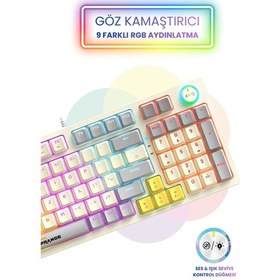 Resim Mekanik Hisli Gaming Blue Switch Türkçe Q 9 Farklı Rgb Işıklı Beyaz Oyuncu Klavyesi 