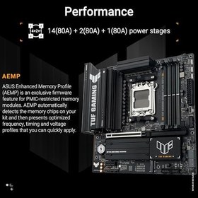 Resim ASUS TUF GAMING B850M-PLUS WIFI7 AMD B850 AM5 DDR5 8000 DP HDMI 3x M2 USB3.2 Gen 2x2 WiFi 7 + BT AURA RGB 2.5Gbit LAN mATX 14+2+1 Güç Aşamaları, 1xGen5 M.2, Ready for Advanced AI PC 