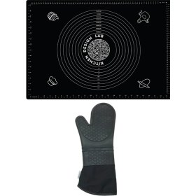 Resim Kitchen Design Lab 2'li Set Siyah 45X65 cm Silikon Hamur Açma Matı ve Gri Silikon Yanmaz Mutfak Fırın Eldiveni 