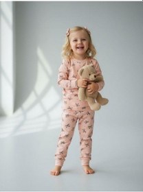 Resim Kız Çocuk Pamuklu Fiyonklu Pijama Takımı-16829 Pudra 
