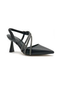 Resim Feles Üç Şerit Taş Detaylı Kadın Topuklu Ayakkabı Stiletto Siyah 