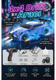 Resim Uzaktan Kumandalı 4x4 Rc Drift Arabası Işıklı Buhar Efektli Duman Atan Şarjlı Çift Bataryalı 1:16 Çok Renkli 