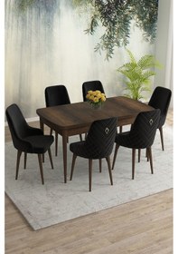 Resim Meri Serisi 80x132 Açılabilir Mdf Barok Ahşap Desen Masa Takımı 6 Antrasit Sandalye Siyah 