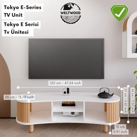 Resim Oturma Odası için Modern TV Sehpası, Depolama Raflı Ahşap Eğlence Merkezi, Beyaz ve Doğal Boho Tarzı Medya Konsol Masası, 65 İnçe Kadar TV'ler için, Eğimli Tasarım 
