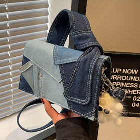 Resim Sıradan -Yapay Deri Astarlı Güçlendirilmiş Çapraz Çanta, Mavi, Toka Kapatma - Çok Yönlü İş Çantası, Rahat Dokulu, Ayarlanabilir Askı, Rahat Gündelik Çanta|Denim Güçlendirilmiş Çanta|Yapay Deri Astar 