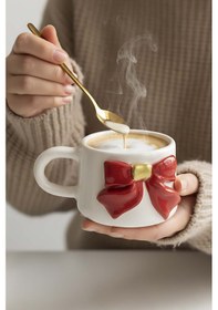 Resim Rivaistanbul Kurdele Amore 24 K Altın Süslemeli El Yapımı Yılbaşı Hediyesi Seramik Double Kahve Fincanı, Mug, Kupa Kırmızı 