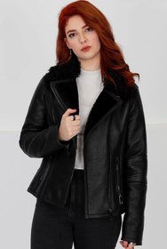 Resim By Marki Marki Kadın Siyah Hakiki Deri Mont, Kıvırcık Kürklü, 65 Cm, Fermuarlı, Kışlık Mont 