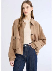 Resim DeFacto Su Geçirmez Regular Fit Polo Yaka Pamuk Astarlı Keten Karışımlı Mont E3374AX25SPBN561 Kahve 