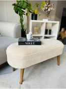 Resim PUFANNA Retro Ceviz Renk Ahşap Ayaklı Geniş Oturum Alanlı Oval Bench Puf Krem Teddy Kumaş 