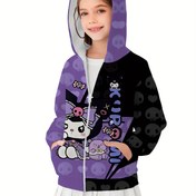 Resim Sanrio için for kuromi Kapüşonlu Fermuarlı Uzun Kollu Kız Elbisesi - Siyah, Mor ve Beyaz Karikatür Baskısı, Kafatası ve Kalp Tasarımı, Rahat Kışlık Dış Giyim, Anime Severler İçin Trendi Hediye, Anime Sever Giyim, Oyuncu Grafik Tasarımı, Kapüşonlu Sweatshirt 