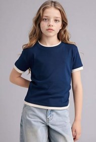 Resim DeFacto Kız Çocuk Slim Fit Ribana Kısa Kollu Tişört Lacivert 