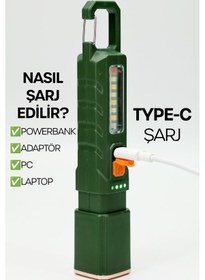 Resim Şarjlı El Feneri 6 Mod Karabina Askılı Çakarlı Cob Led Kamp Lambası Acil Durum Işığı Yeşil 7170 Yeşil 