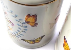 Resim Mariposa Porselen Kelebek Desenli Dekoratif Kavanoz Seti, Beyaz, Altın Şeritli, 2 Parça, 11x20cm, Turuncu Kelebek Kapaklı 