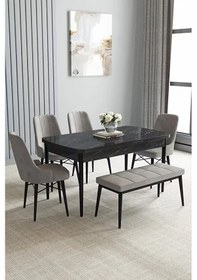Resim Loft Siyah Mermer 80x132 Açılabilir Mdf Masa Yemek Odası Takımı, Mutfak Takımı 4 Sandalye, 1 Bench Gri 