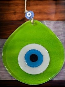Resim Mavi Nazar Boncuklu Şeffaf Açık Yeşil Renk Nazar Boncuklu Damla Desen El Yapımı Duvar Süsü 