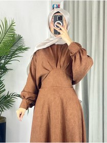 Resim Esre Store 4535 - Keten Tesettür Elbise Kahverengi 