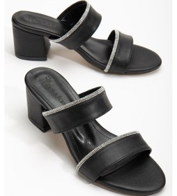 Resim İki Bantlı Taşlı Cilt Siyah Kadın Kısa Topuklu Terlik-2712-sıyah Siyah 