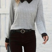 Resim Kadınlar için Gri Desenli Detaylı ve Siyah Yaka ile Şık Sonbahar/Kış Kazak, Yüksek Esneklikli Kumaş, Düzenli Kollu, Kemerli Olmayan, Rahat Kıyafet|Yaka Kazak|Esnek Kumaş 