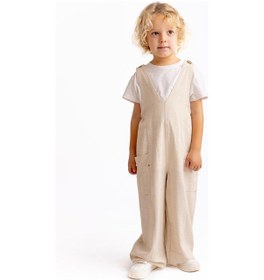 Resim Oliven The Kid Unisex V Yaka Paça Lastikli Keten Salopet Naturel Naturel Bej 