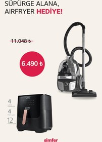Resim Simfer Toz Torbasız Yatay Süpürge Clean Power S4 Gri (4 Litre Smart Dijital Siyah Airfryer Hediye!) 