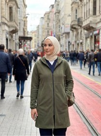 Resim DKECCI Su İtici Rüzgar Kesici Uzun Softshell Tesettür Mont - Kapüşonlu Mevsimlik Ceket 