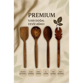 Resim 4'lü %100 Doğal Çizme Yapmaz Ceviz Ağacı Ahşap Mutfak Seti – Spatula, Kaşık, Kevgir, Maşa 