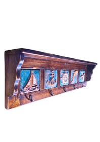 Resim Anahtarlık, Duvara Asılabilir Taç Raflı Deniz Temalı Spirütüel Anahtar Askısı 53x8,5x15,5 H Kahverengi 