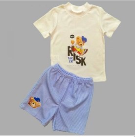 Resim 1-2-3 Yaş Kaykaycı Ayı Baskılı Şortlu Kısa Kollu Tişört 2li Erkek Bebek Takımı Ekru Ekru 