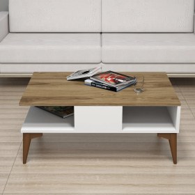 Resim Ferniso Mobilya Modern Orta Sehpa Suntalam Beyaz ve Ceviz Renk 90x60 cm Dikdörtgen Tasarım 