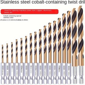 Resim Yüksek Hız Çelik Kobalt Spiral Matkap Uç Seti, Çelik, Ahşap, Plastik için Çok Boyutlu Altıgen Sap, HSS Kobalt Alaşım, Altıgen Kolu, Kobalt Kaplama, Yüksek Sertlik, Çok Parça Kiti 