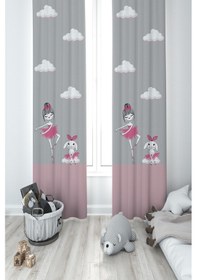 Resim Mekta Home Bebek Ve Çocuk Odası Prenses Kız Ve Tavşan Desenli Seksekli 2 Kanat Fon Perde 