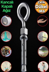 Resim Badem10 Kancalı Çelik Dübel Salıncak Tavan Boks Torbası Avize Asma Aparatı Asacağı Kapalı Ağız Kanca M6 