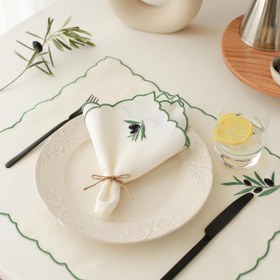 Resim 2'li Set Zeytin İşlemeli Keten Peçete 