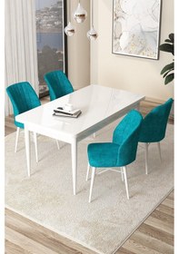 Resim Canisa Arp Serisi, Beyaz Masa 71x110 Sabit Mutfak Masa Takımı, 4 Turkuaz Sandalye Beyaz Masa Sandalye Turkuaz 