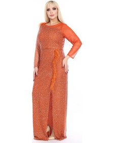 Resim Ladies First Büyük Beden 3854 Kiremit Uzun Abiye Elbise 001 