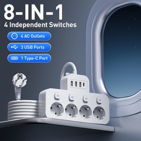 Resim Bir Standart AB Güç Soketi, 1.5M/3M/4.6M Uzatma Soketi, 4 AC AC Soketleri, 3 USB Portları, 1 Tip-C Portu, 5Ft/10Ft/15Ft Uzun Hattı Tasarımı, Siyah/Beyaz Olarak Mevcut, Ofis, Seyahat ve Ev Kullanımı İçin Uygun. 