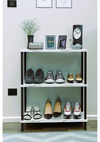 Resim 3 Katlı Ayakkabılık Raf - Çevir Tak Sistemli Kolay Kurulum Metal Gövde Ahşap Raflı Organizer Beyaz Mermer 