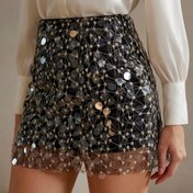 Resim [1 adet Şık Payetli Mini Etek] Şık Kadın Mini Eteği, Polyester Dokuma Kumaş, Düz Renk, Zıt Payet Boncuk Detaylı, Tüm Sezonlar İçin 