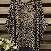 Resim Yazlık Plus Beden Leopar Desenli Yuvarlak Yaka Tişört, Rahat Kısa Kollu Oversize Kadın T-Shirt, Aksesuarlar Dahil Değildir 