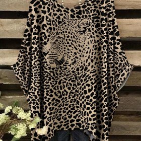 Resim Yazlık Plus Beden Leopar Desenli Yuvarlak Yaka Tişört, Rahat Kısa Kollu Oversize Kadın T-Shirt, Aksesuarlar Dahil Değildir 