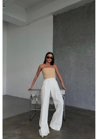 Resim Defymoda Üç Düğme Detayli Palazzo Pantolon Beyaz 