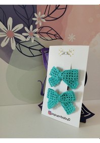 Resim Papyonbebek0 2'li Set Örgü Fiyonk Toka - Mavi - Organik & El Yapımı Mavi 