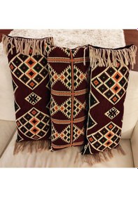Resim 3 Lü Bordo Kilim Desenli Püsküllü İç Dolgulu Dekoratif Kırlent Seti Etnik Bohem Salon Koltuk Yastığı Bordo 