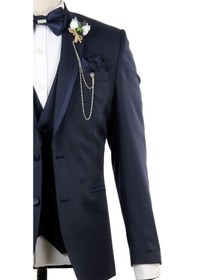 Resim İmza Koyu Lacivert Desenli Mono Yaka Astarlı Yelekli 6 Drop Slim Fit Dar Kesim Smokin Damatlık 1001210100-Lacivert 