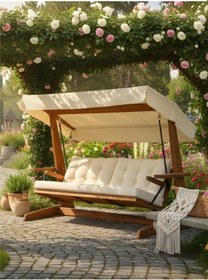 Resim Viva 2400 4 Kişilik Ahşap Bahçe Salıncağı, Balkon ve Teras Salıncağı, Kanepe Özellikli/Krem 