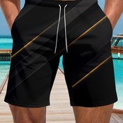 Resim Erkekler için şık siyah yüzme şortu altın detaylarla - Hızlı kuruyan polyester, rahat desen, bağcıklı bel, cepler, normal fit, plaj giyimi, plaj kıyafeti|Şık yüzme şortları|Polyester kumaş 